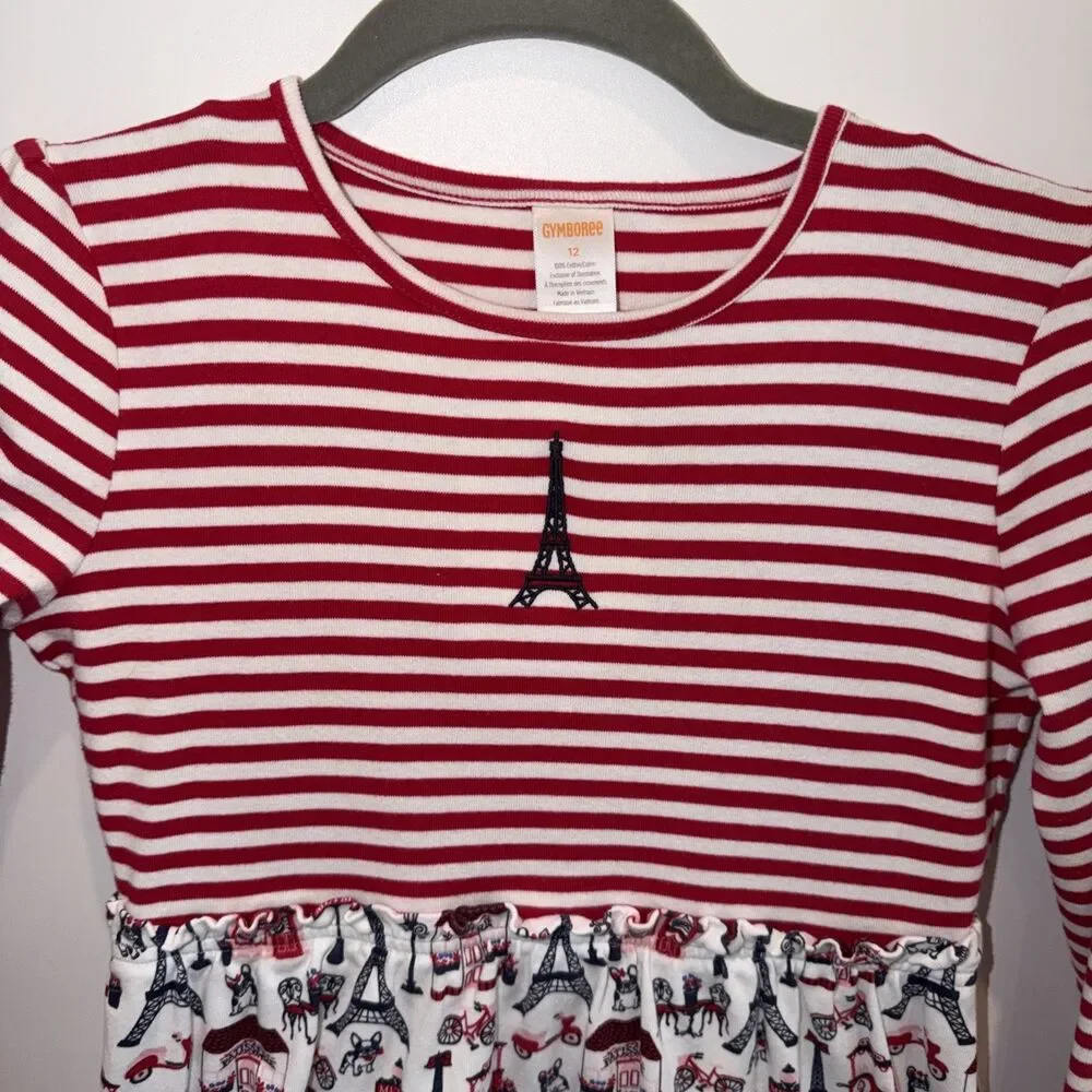 Gymboree Dress Girls Sz 12 Red Blue Fit & Flare Eiffel Tower Paris Frenchie